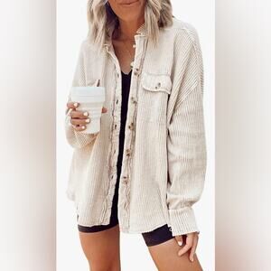 Chouyatou Loose Fit Batwing Sleeve Waffle Knit Button Down Shirt Shacket XXL